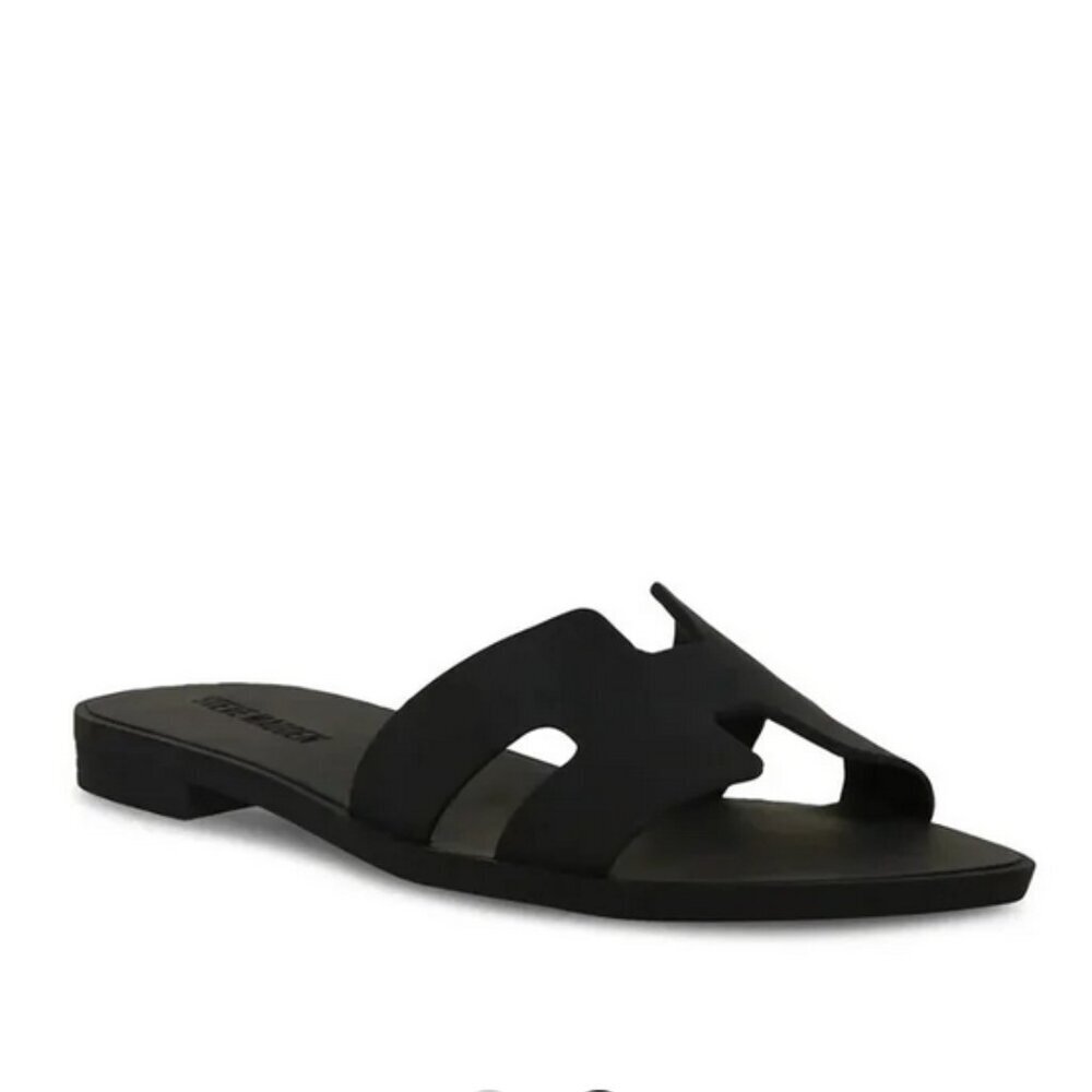 - Steve Madden Hadyn-J Black Leather Slip On Open Rounded Toe Fashion Flat…